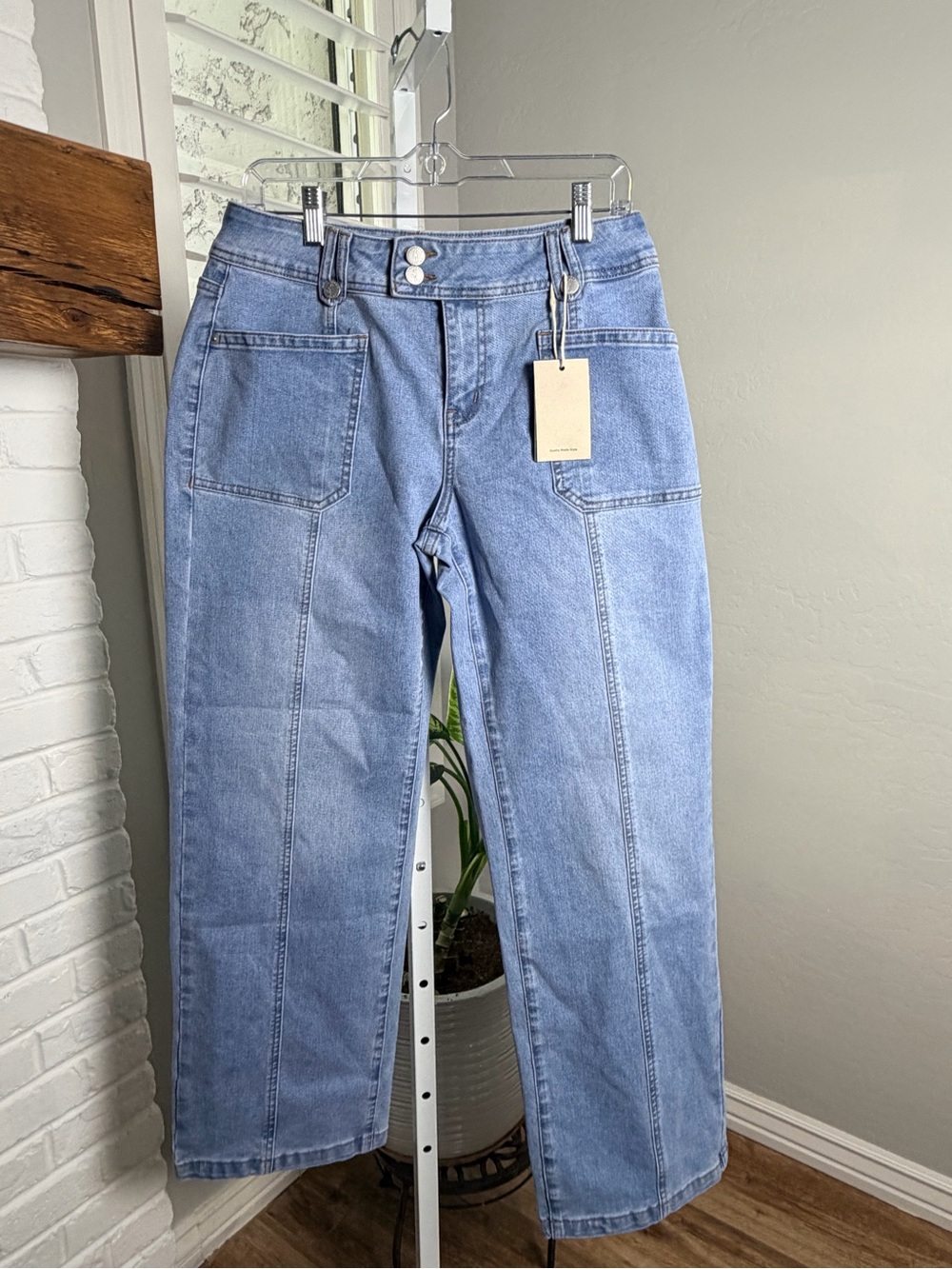 Flamingals Wash Asymmetrical Stitch Detail Mid Waist Straight Leg Jeans - Picture 12 of 14